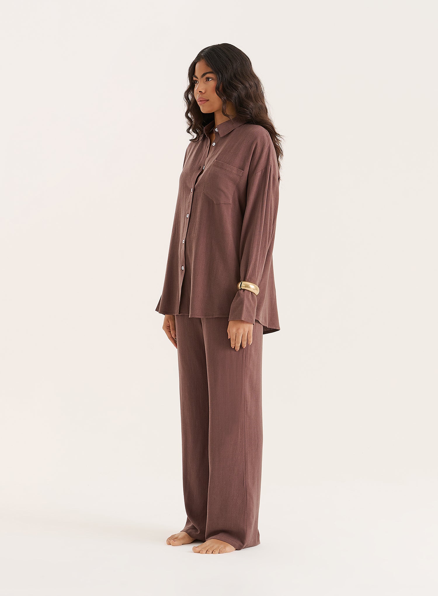 Chocolate Linen Blend Wide Leg Trouser